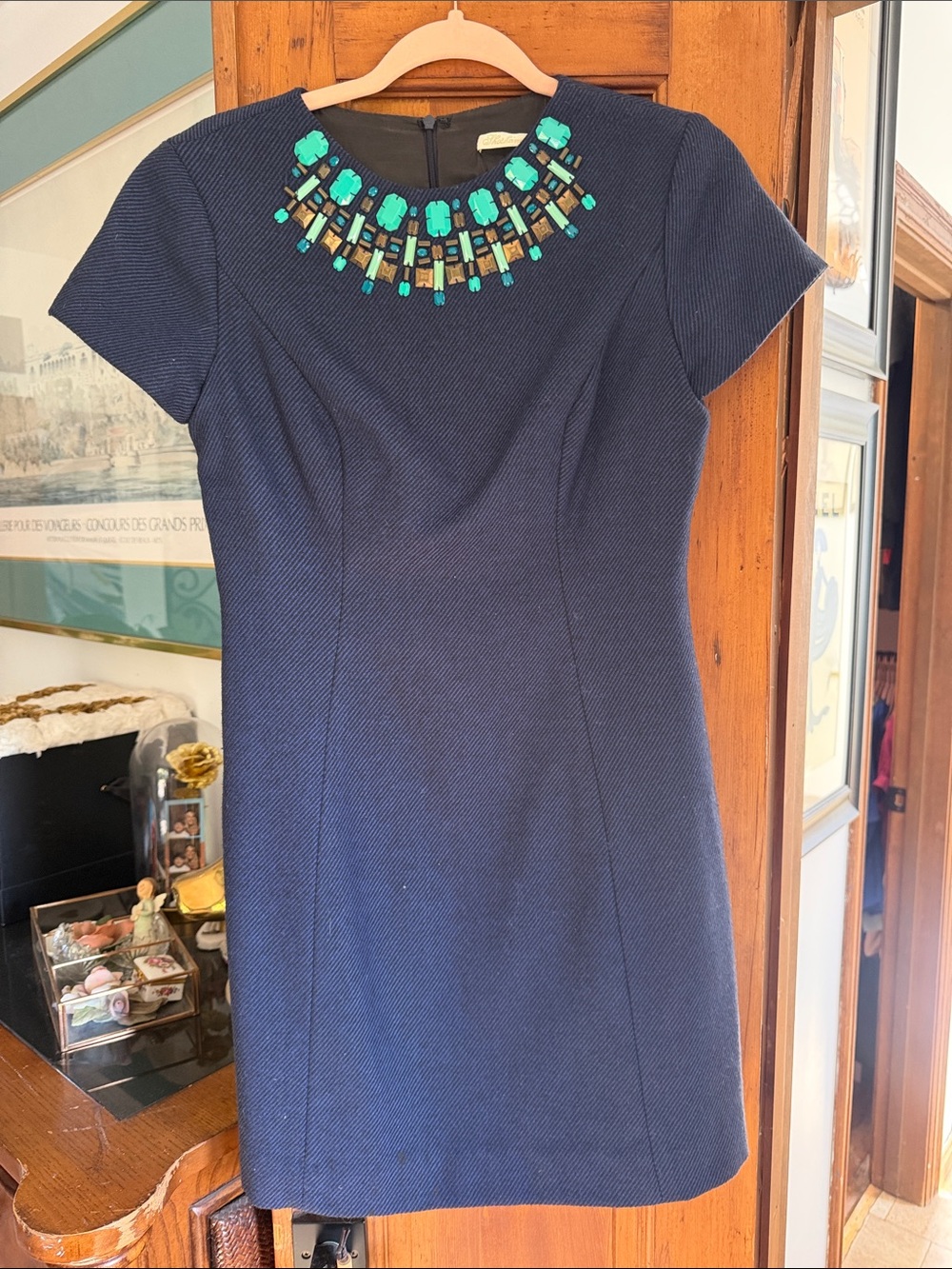 Shoshanna Navy Mini Dress with Turquoise and Gold Neck Embellishment